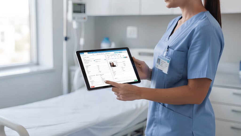 Physician using an electronic medical records system with a patient