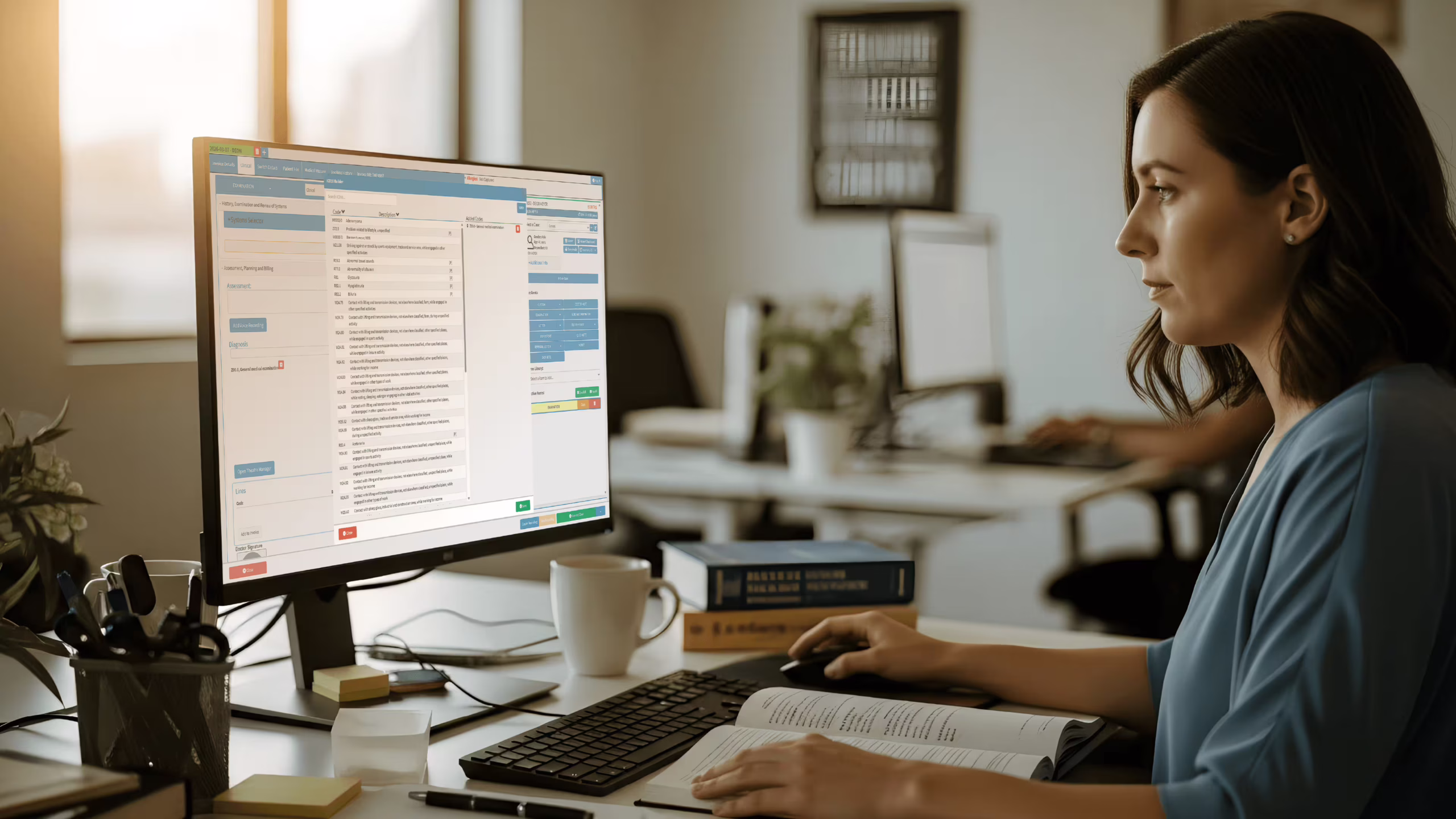 US medical coder reviewing billing and coding programs on a workstation with ICD-10 and CPT code references