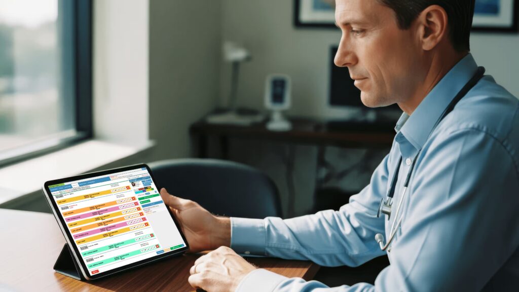Physician reviewing a list of EMR systems on a tablet in a US medical practice