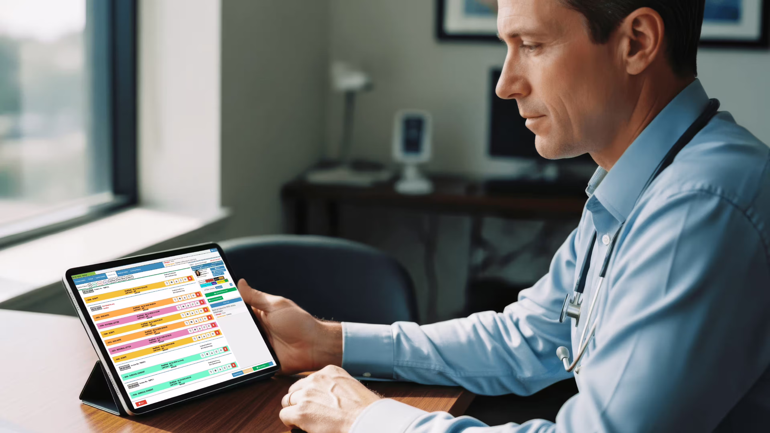 Physician reviewing a list of EMR systems on a tablet in a US medical practice