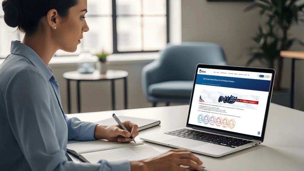 Practice administrator learning how to use medical billing software with claim submission and revenue cycle dashboards on screen