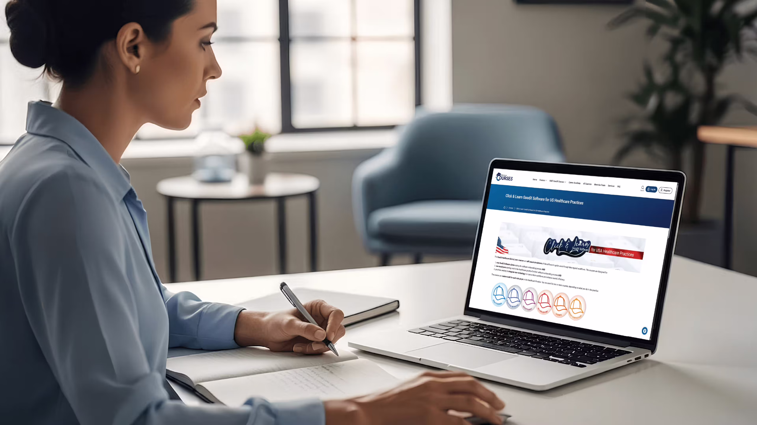 Practice administrator learning how to use medical billing software with claim submission and revenue cycle dashboards on screen