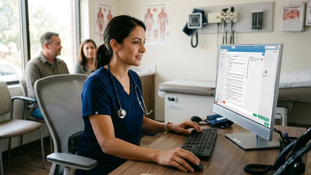 US GP looking up ICD-10-CM diagnosis codes on a computer in a family medicine clinic exam room