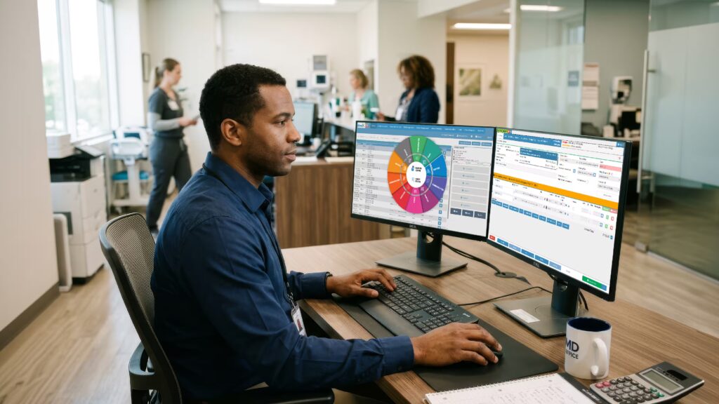 US medical billing administrator using medical billing coding software on dual monitors in a modern medical office