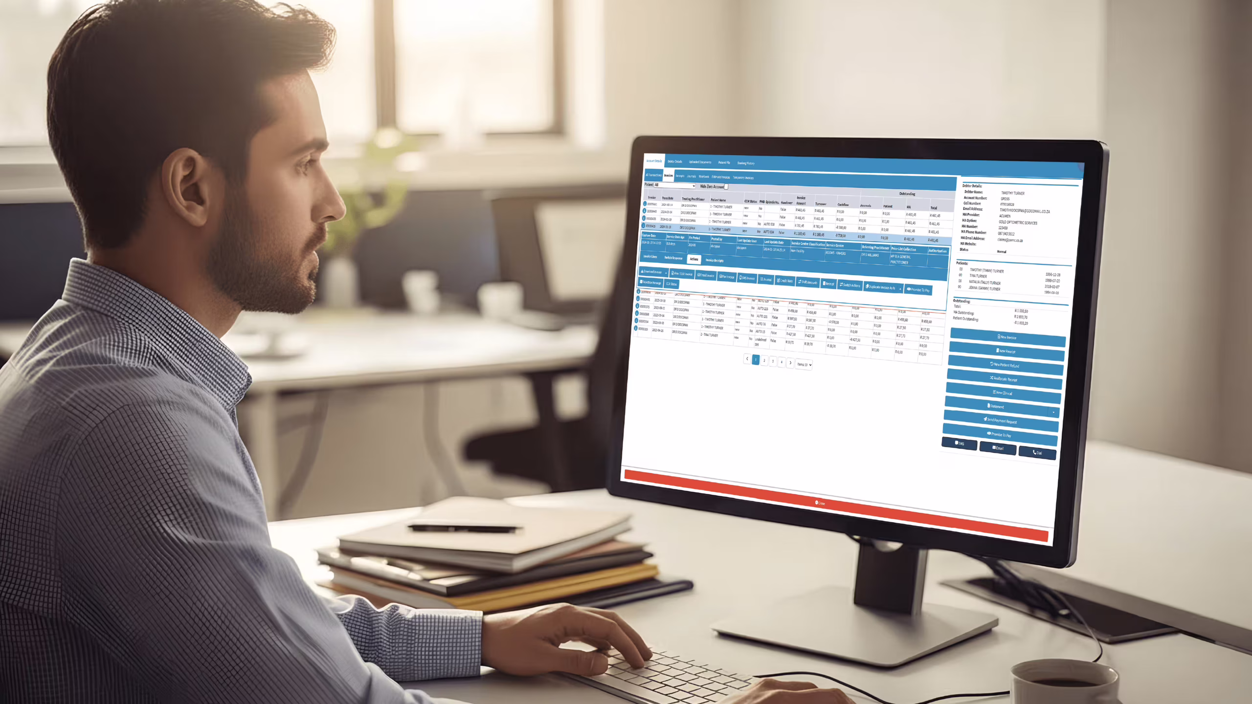 US medical billing specialist using software for medical billing and coding to review claim submissions and CPT codes