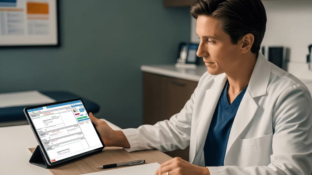 US physician reviewing why electronic medical records are important on a tablet during a patient consultation