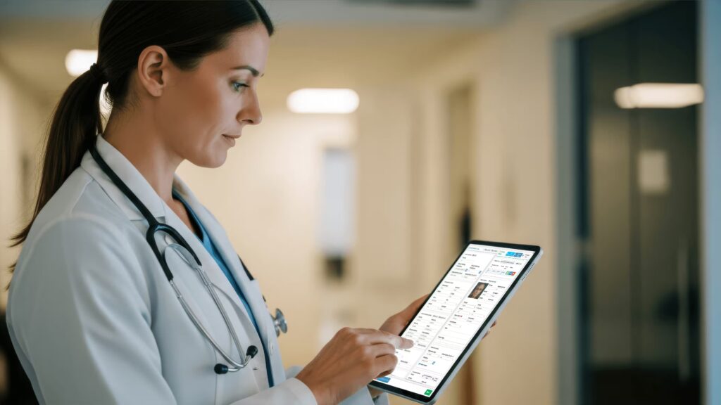 Physician using EMR software on a tablet in a US medical practice