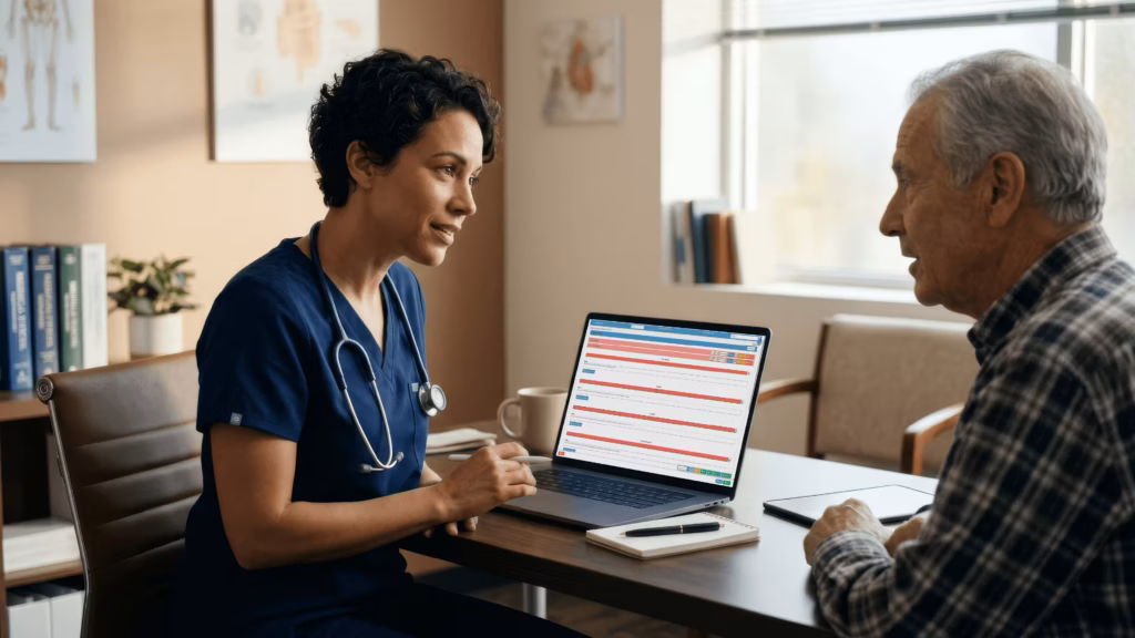 US physician using AI in healthcare tools on a tablet during a patient visit