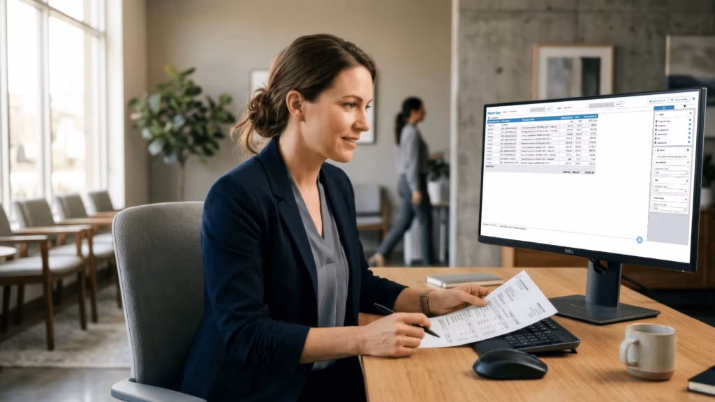 Medical biller handling billing for medical services on a dashboard at a US practice
