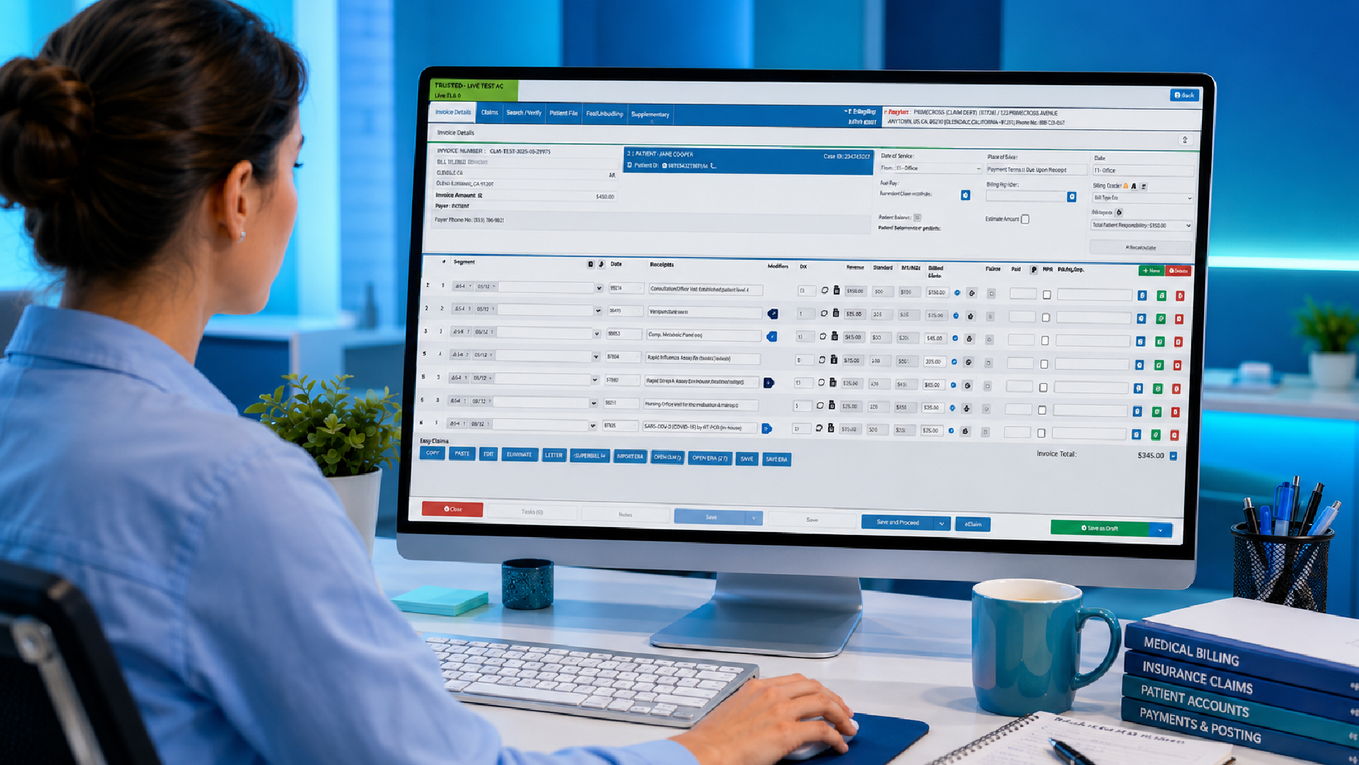 Medical billing specialist using insurance medical billing software to manage healthcare claims and insurance payments.